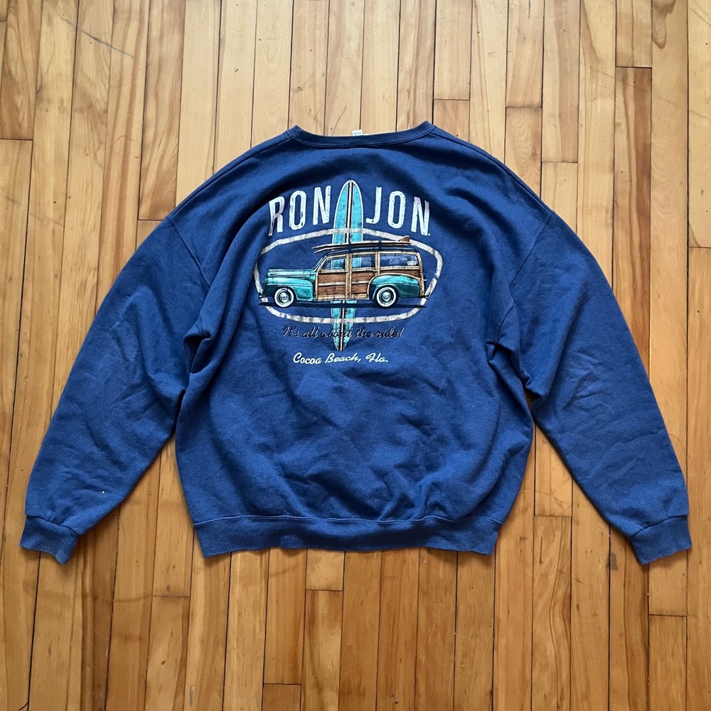 Ron Jon Surf Shop Sweatshirt Blue Graphic Print Woody Wagon Surfboard 2XL